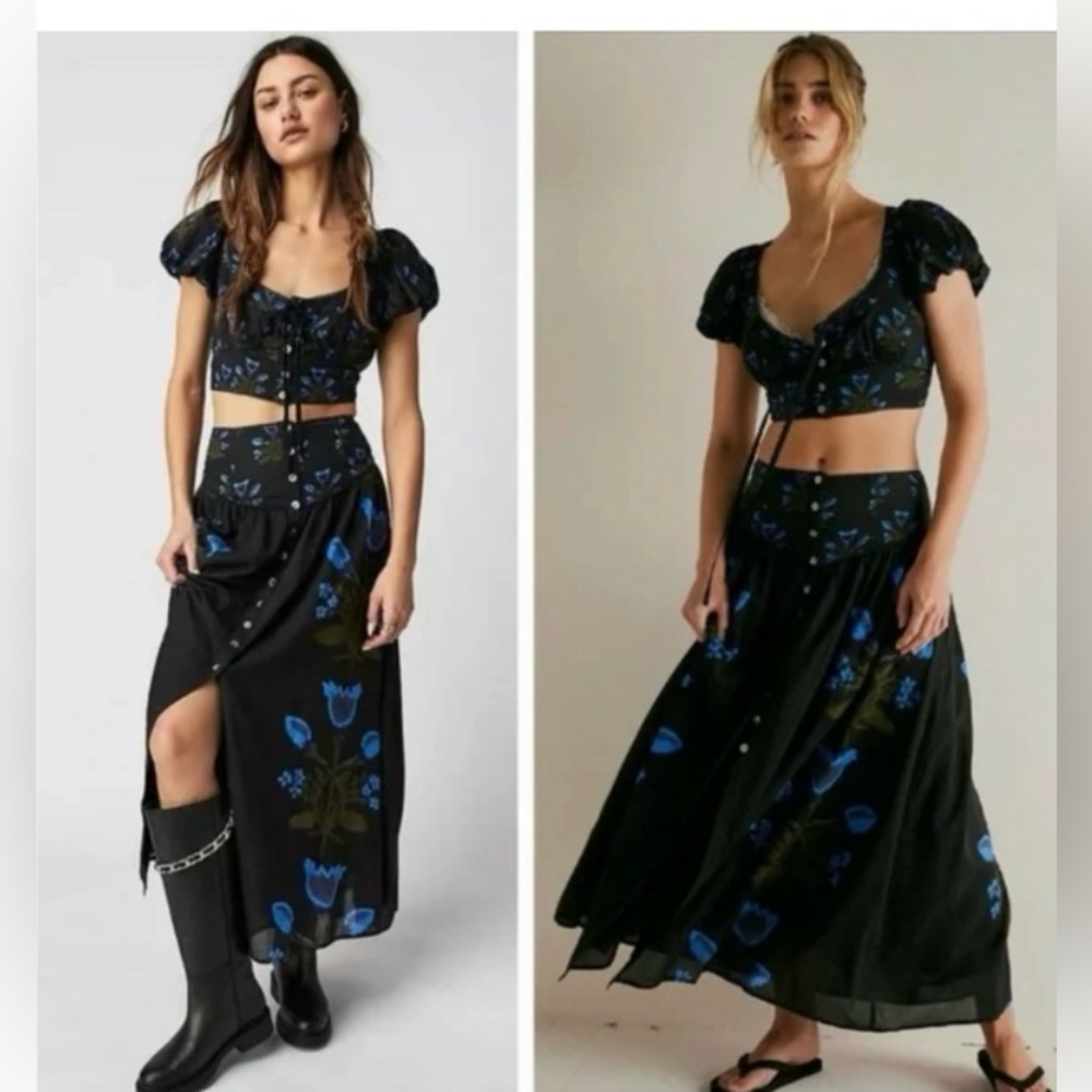 Free People Black Floral Crop Top & Maxi Skirt Set with Blue Flowers
